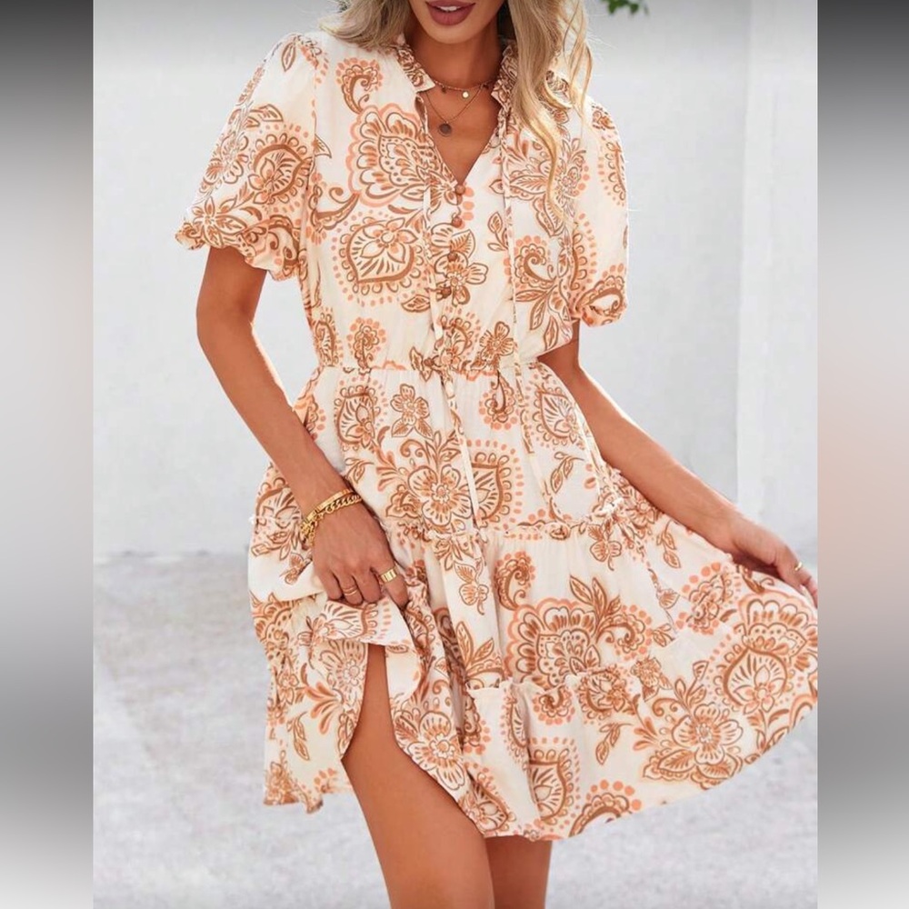 Brown and white floral print dress